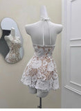 Cute A line Halter Short Satin Ivory Summer Birthday Dress Hoco Dress Mini Birthday Outfit 23rd Birthday Party Dresses HZ1214