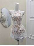 Cute A line Halter Short Satin Ivory Summer Birthday Dress Hoco Dress Mini Birthday Outfit 23rd Birthday Party Dresses HZ1214
