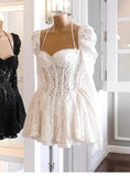 Cute A line Sweetheart Short Long Sleeves Lace White Summer Birthday Dress Hoco Dress Mini Birthday Outfit 21st Birthday Party Dresses HZ1214