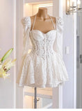 Cute A line Sweetheart Short Long Sleeves Lace White Summer Birthday Dress Hoco Dress Mini Birthday Outfit 21st Birthday Party Dresses HZ1214
