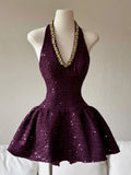 Cute A line Halter Grape Sequin Short Summer Birthday Dress Hoco Dress Mini Birthday Outfit 23rd Birthday Party Dresses HZ1214