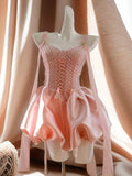 Cute Ball Gown Short Pink Satin Summer Birthday Dress Hoco Dress Mini Birthday Outfit 23rd Birthday Party Dresses HZ1214