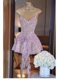 Cute A line Spaghetti Straps Short Summer Sequin Birthday Dress Hoco Dress Birthday Outfit 23rd Birthday Mini Party Dresses HZ1214