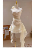 Cute A line One Shoulder White Summer Homecoming Dress Hoco Dress Mini 18th Birthday Outfit Cocktail Dresses HZ1214
