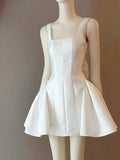 Cute A line Square White Summer Homecoming Dress Satin Hoco Dress Mini 18th Birthday Outfit Cocktail Dresses HZ1214