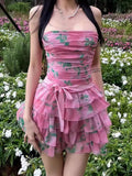 Cute A line Strapless Pink Floral Summer Homecoming Dress Hoco Dress Mini 16th Birthday Outfit Cocktail Dresses HZ1214