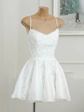 Simple A line Spaghetti Straps Black Lace Short Homecoming Dress Summer Hoco Dresses Cocktail Dress HZ1214