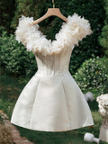 Simple A line V Neck White Short Homecoming Dress Summer Hoco Dresses Cocktail Dress HZ1214