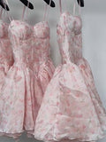 Simple A line Spaghetti Straps Pink Floral Chiffon Homecoming Dress Summer Hoco Dresses Cocktail Dress HZ1214