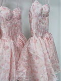 Simple A line Spaghetti Straps Pink Floral Chiffon Homecoming Dress Summer Hoco Dresses Cocktail Dress HZ1214