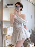 Simple A line One Shoulder White Floral Lace Short Homecoming Dress Summer Hoco Dresses Cocktail Dress HZ1214