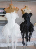 Simple A line Spaghetti Straps Ruffles Black Short Homecoming Dress Summer Hoco Dresses Cocktail Dress HZ1214