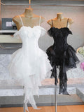 Simple A line Spaghetti Straps Ruffles Black Short Homecoming Dress Summer Hoco Dresses Cocktail Dress HZ1214