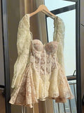 Simple A line Sweetheart Lace Short Long Sleeves Homecoming Dress Summer Hoco Dresses Cocktail Dress HZ1214