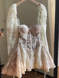 Simple A line Sweetheart Lace Short Long Sleeves Homecoming Dress Summer Hoco Dresses Cocktail Dress HZ1214