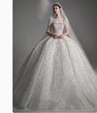 Pretty Wedding Dress Ball Gown Square Neck Lace Long Sleeves White Wedding Dresses Bridal Gowns HZ1214