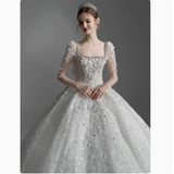 Pretty Wedding Dress Ball Gown Square Neck Lace Long Sleeves White Wedding Dresses Bridal Gowns HZ1214