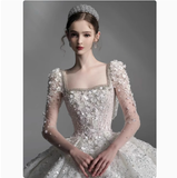 Pretty Wedding Dress Ball Gown Square Neck Lace Long Sleeves White Wedding Dresses Bridal Gowns HZ1214