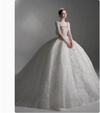 Pretty Wedding Dress Ball Gown Square Neck Lace Long Sleeves White Wedding Dresses Bridal Gowns HZ1214