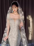 Romantic Bridal Gown Mermaid Scoop Sequin White Wedding Dresses Minimalist Bridal Gowns HZ1214
