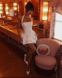 Sexy A Line Halter White Satin Short Summer Birthday Dress Hoco Dress Birthday Outfit 16th Birthday Mini Cocktail Dresses HZ1214