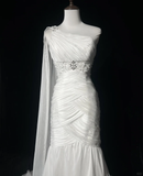 Vintage Bridal Gown Mermaid One Shoulder White Long Wedding Dresses Minimalist Bridal Gowns HZ1214