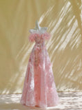 Beautiful A line Straps Sleeveless Pink Tulle Long Prom Dresses Evening Gowns Evening Dress HZ1214