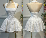 Cute Ball Gown Halter Lace White Summer Homecoming Dress Hoco Dress Mini 18th Birthday Outfit Cocktail Dresses HZ1214