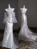 Retro Wedding Dress Mermaid Strapless Long Satin White Floral Wedding Dresses Bridal Gowns HZ1214