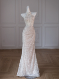 Retro Wedding Dress Mermaid Halter Sequin Long White Wedding Dresses Bridal Gowns HZ1214