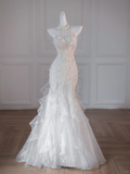Pretty Wedding Dress Mermaid High Neck White Floral Tulle Long Wedding Dresses Bridal Gowns HZ1214