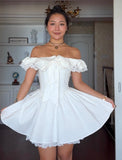 Cute Ball Gown Off The Shoulder White Summer Lace Homecoming Dress Hoco Dress Mini 18th Birthday Outfit Cocktail Dresses HZ1214