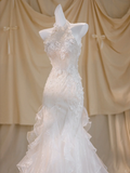 Pretty Wedding Dress Mermaid High Neck White Tulle Long Wedding Dresses Bridal Gowns HZ1214