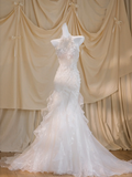 Pretty Wedding Dress Mermaid High Neck White Tulle Long Wedding Dresses Bridal Gowns HZ1214