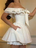 Cute Ball Gown Off The Shoulder White Summer Lace Homecoming Dress Hoco Dress Mini 18th Birthday Outfit Cocktail Dresses HZ1214