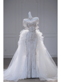 Retro Wedding Dress Mermaid Strapless Sequin Long Train White Wedding Dresses Bridal Gowns HZ1214