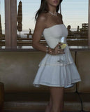 Cute Ball Gown Strapless White Summer Lace Homecoming Dress Hoco Dress Mini 18th Birthday Outfit Cocktail Dresses HZ1214