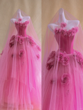 Gorgeous Ball Gown Strapless Hot Pink Floral Tulle Long Prom Dress Party Dress Graduation Dresses HZ1214
