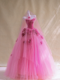 Gorgeous Ball Gown Strapless Hot Pink Floral Tulle Long Prom Dress Party Dress Graduation Dresses HZ1214