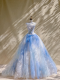 Elegant Ball Gown Strapless Light Blue Floral Tulle Long Prom Dress Party Dress Graduation Dresses HZ1214