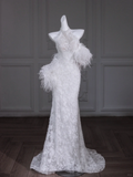 Unique Wedding Dress Mermaid High Neck Lace Long White Wedding Dresses Bridal Gowns With Feathers HZ1214