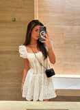 Cute A line Square Lace White Summer Homecoming Dress Hoco Dress Mini 18th Birthday Outfit Cocktail Dresses HZ1214