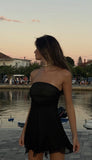 Cute A line Strapless Black Summer Chiffon Homecoming Dress Hoco Dress Mini 18th Birthday Outfit Cocktail Dresses HZ1214