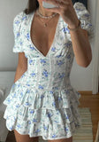 Simple A line V Neck Floral Blue Homecoming Dress Summer Hoco Dresses Cocktail Dress HZ1214