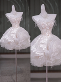 Unique Wedding Dress Ball Gown Strapless Lace Short White Wedding Dresses Bridal Gowns With Feathers HZ1214