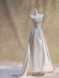 Modest Wedding Dress Sheath Strapless Satin Beads Long Summer Wedding Dresses Bridal Gowns HZ1214