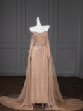 Gorgeous Mermaid Strapless Champagne Tulle Long Prom Dress Party Dress Graduation Dresses With Sleeves HZ1214