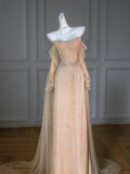 Gorgeous Mermaid Strapless Champagne Tulle Long Prom Dress Party Dress Graduation Dresses With Sleeves HZ1214