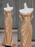 Pretty Mermaid Off The Shoulder Gold Sequin Beads Long Prom Dress Party Dress Graduation Dresses HZ1214