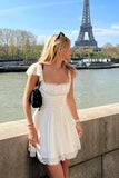 Simple A line Square Neck White Short Lace Homecoming Dress Summer Hoco Dresses Cocktail Dress With Scarf HZ1214